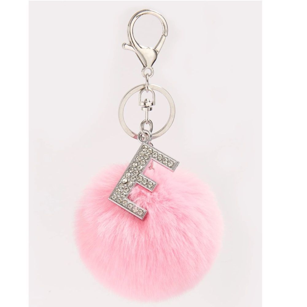 New E Initial Letter Crystal Fur Pom Purse Charm Pink Gift